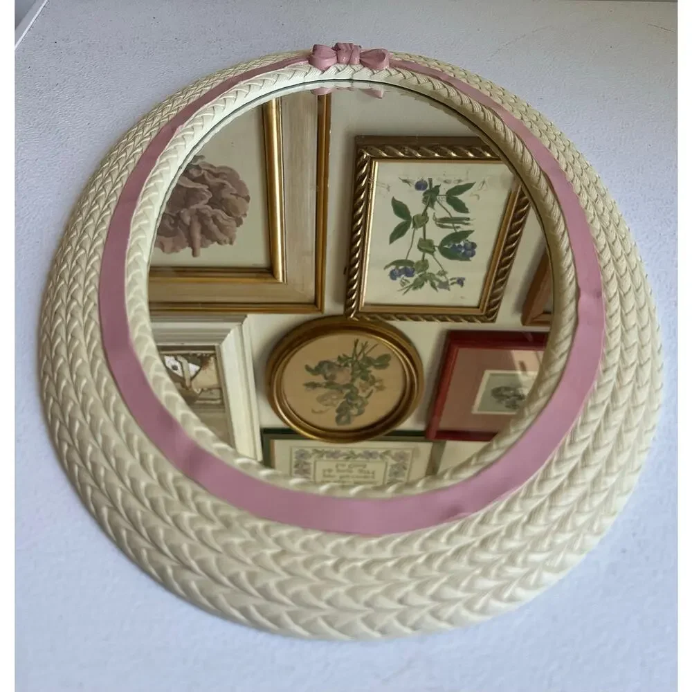 Vintage Oval Nursery Mirror Pink Bow Woven Frame Home girls wall cottage cute